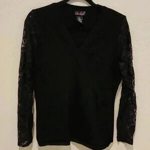Questions Black Knit Top V Neck Mesh Lace Sleeves Size M